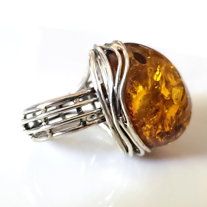 large adjustable sterling silver amber ring