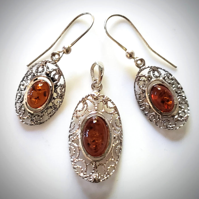 Sterling Silver Filigree Oval Pendant Earrings Set BuyRussianGifts Store