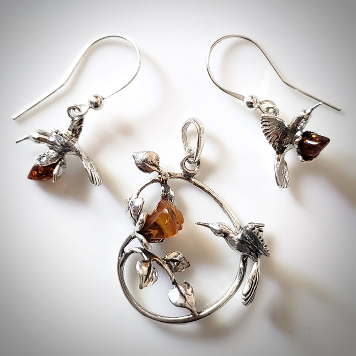 hummingbird with rose silver pendant earrings  jewelry set