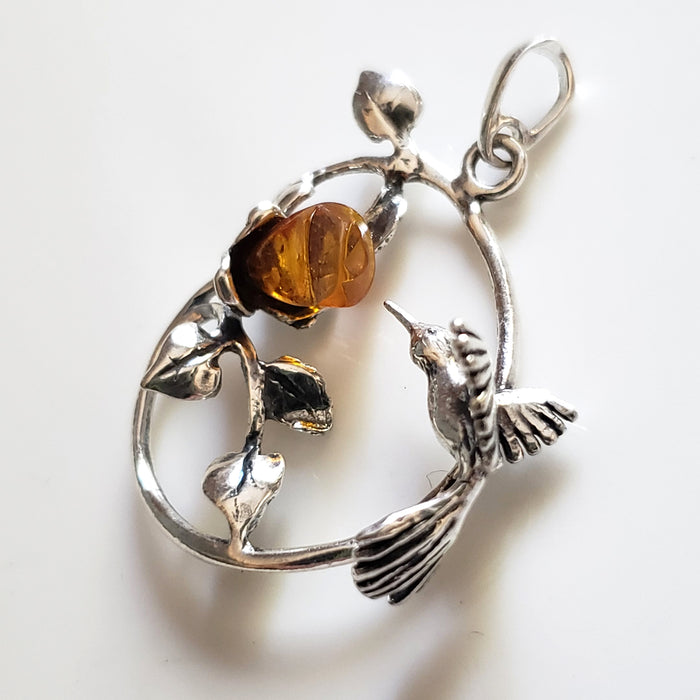 hummingbird with rose silver pendant