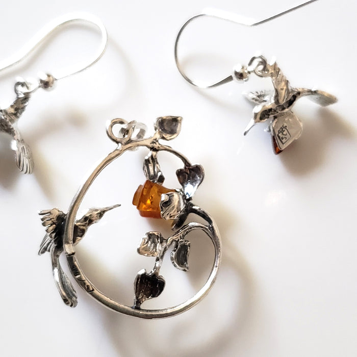 hummingbird with rose silver pendant earrings  jewelry set
