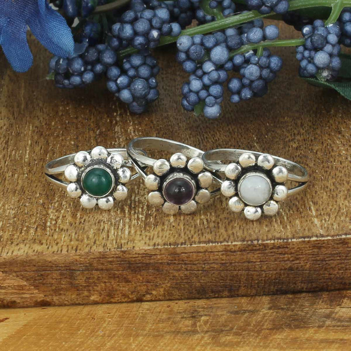 Stone Bead Silver flower Ring