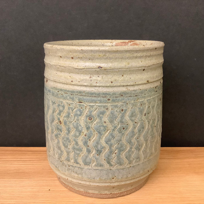 Stoneware Crock Celadon Ash Glaze with Sgraffito