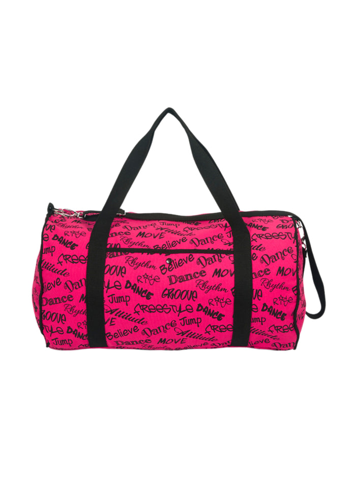 Dasha duffel bag in hot pink with black dance text pattern and black handles, shoulder strap, and side zipper.
