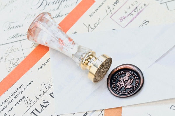 Thistle Latin Motto Wax Seal Stamp | S - Backtozero B20 - antique, Botanical, Flower, latin, latin motto, Message, Retro, Signature, signaturehandle, strength, thristle