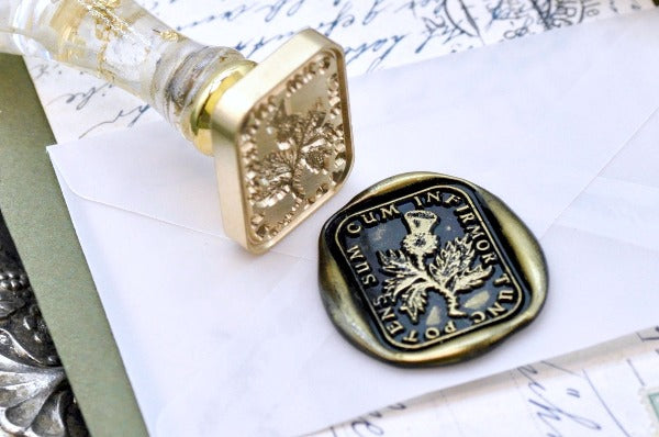 Thistle Latin Motto Wax Seal Stamp - Backtozero B20 - antique, Botanical, Flower, latin, latin motto, Message, Retro, rounded rectangle, Signature, signaturehandle, strength, thristle