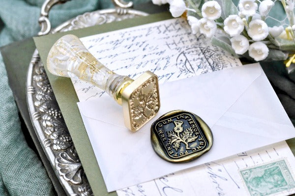 Thistle Latin Motto Wax Seal Stamp - Backtozero B20 - antique, Botanical, Flower, latin, latin motto, Message, Retro, rounded rectangle, Signature, signaturehandle, strength, thristle