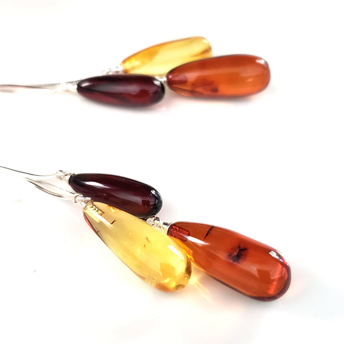 Lemon amber, cognac amber, cherry amber teardrop earrings