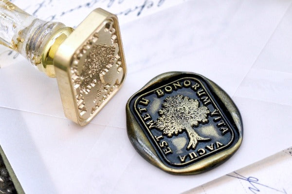 Tree Latin Motto Wax Seal Stamp - Backtozero B20 - antique, Botanical, fear, free, good life, latin, latin motto, Message, Retro, rounded rectangle, Signature, signaturehandle, Tree