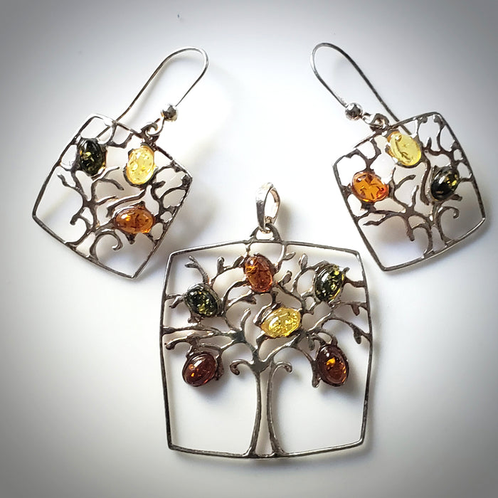 Tree of Life sterling silver with amber earrings pendant set