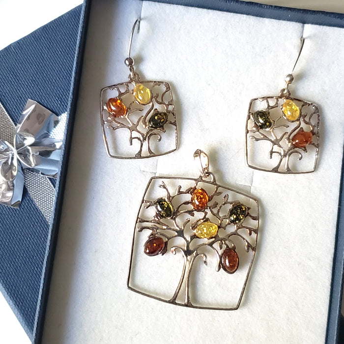 Tree of Life sterling silver with amber earrings pendant set