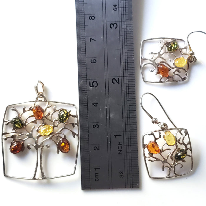 Tree of Life sterling silver with amber earrings pendant set