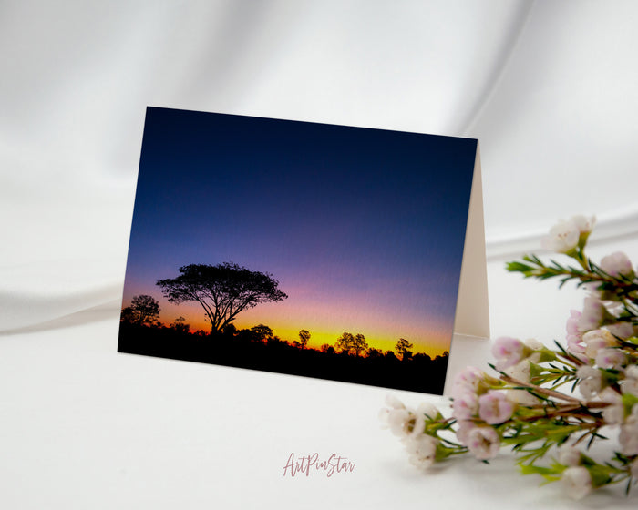 Tree Silhouettes in Africa with Sunset Landscape Custom Greeting Cards