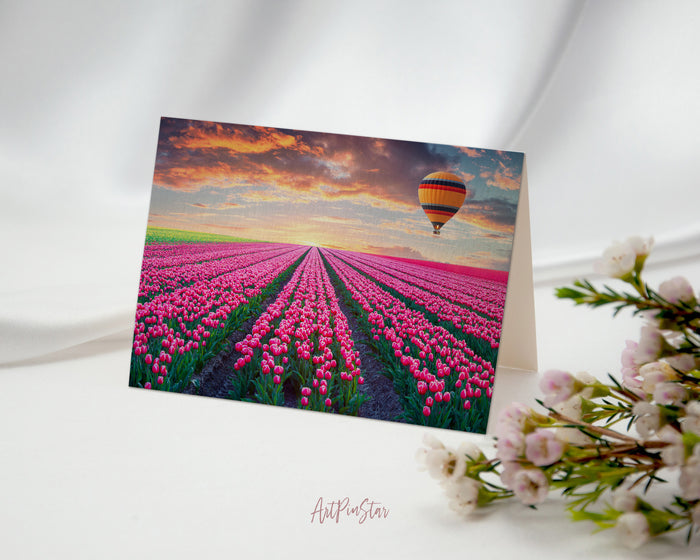 Tulip Field of Blooming Pink Landscape Custom Greeting Cards
