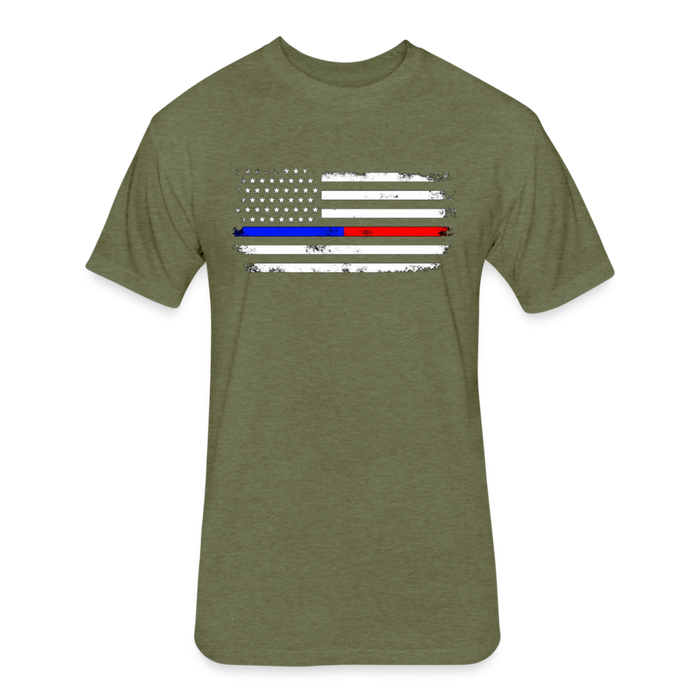 Unisex Poly/Cotton T-Shirt by Next Level - Distressed Thin Red Line / Blue Line Flag - heather military green