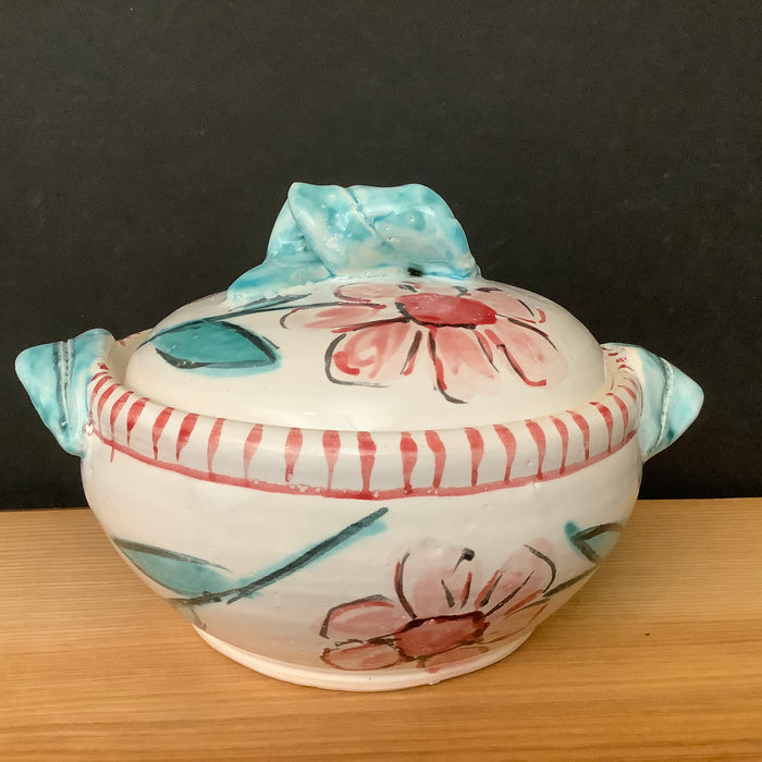 White Covered Dish with Pink Flowers