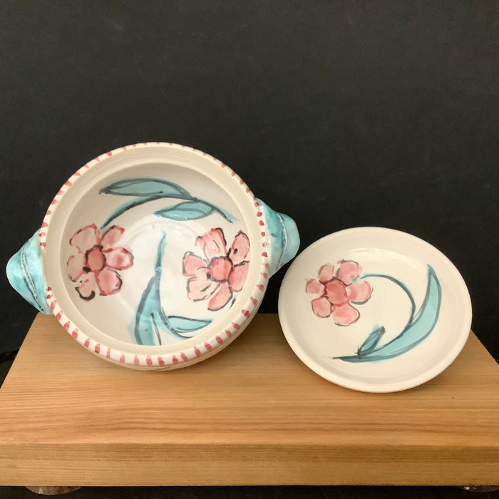 White Covered Dish with Pink Flowers