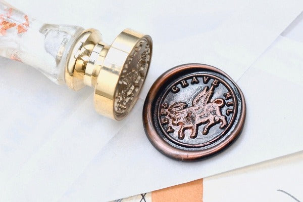 Winged Ox Latin Motto Wax Seal Stamp | S - Backtozero B20 - antique, Cow, dare, dream, latin, latin motto, Message, Retro, Signature, signaturehandle, wings