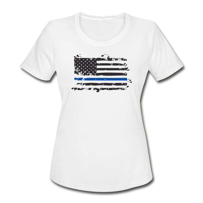 Women's Moisture Wicking Performance T-Shirt - Distressed Blue Line flag - white
