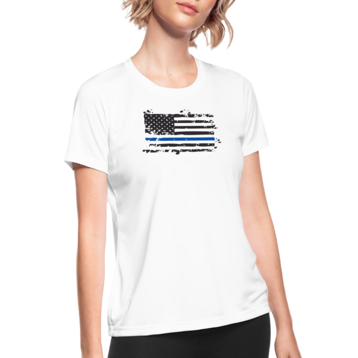 Women's Moisture Wicking Performance T-Shirt - Distressed Blue Line flag - white
