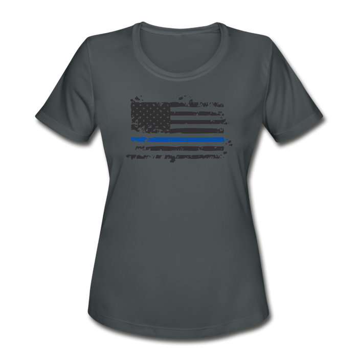 Women's Moisture Wicking Performance T-Shirt - Distressed Blue Line flag - charcoal