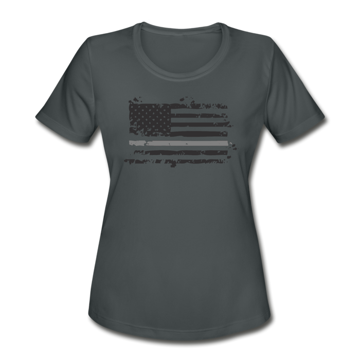Women's Moisture Wicking Performance T-Shirt - Distressed Gray Line Flag - charcoal