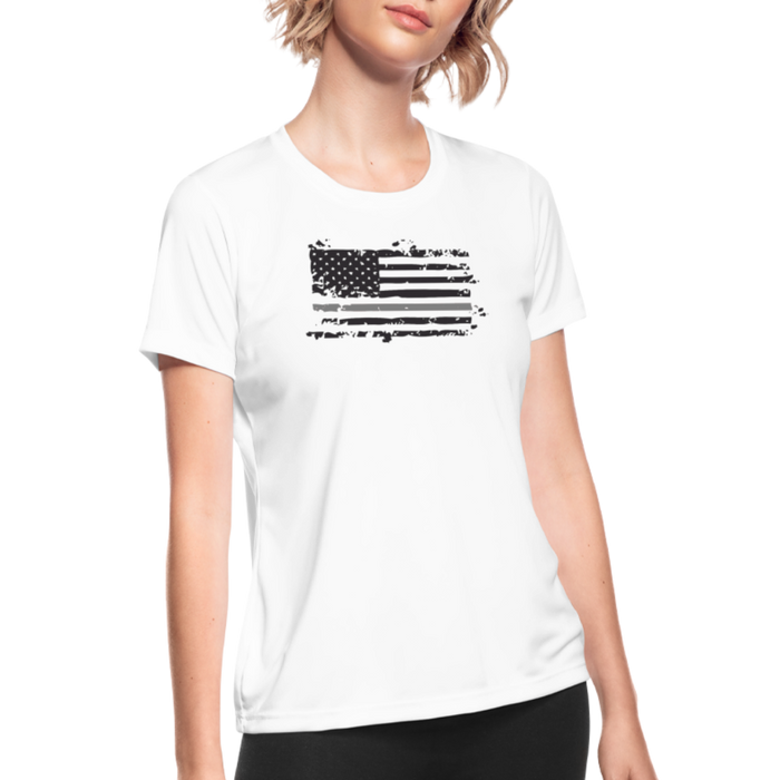 Women's Moisture Wicking Performance T-Shirt - Distressed Gray Line Flag - white