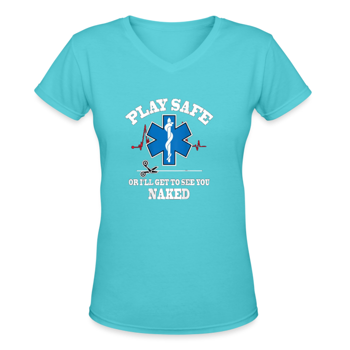 Women's V-Neck T-Shirt - Play Safe EMS - aqua
