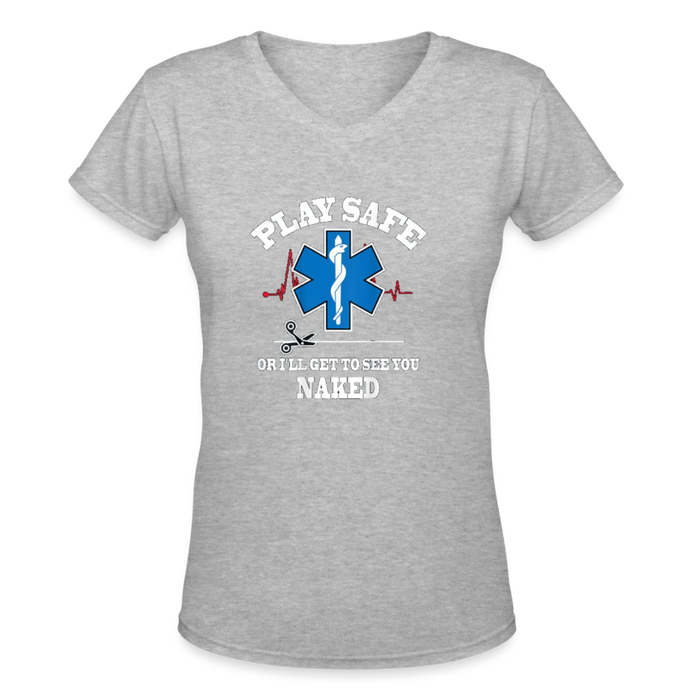 Women's V-Neck T-Shirt - Play Safe EMS - gray