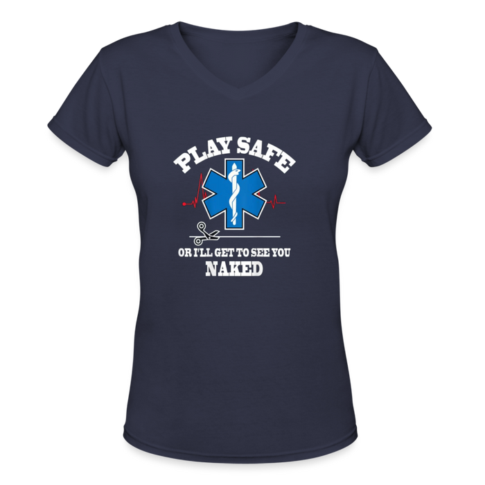 Women's V-Neck T-Shirt - Play Safe EMS - navy