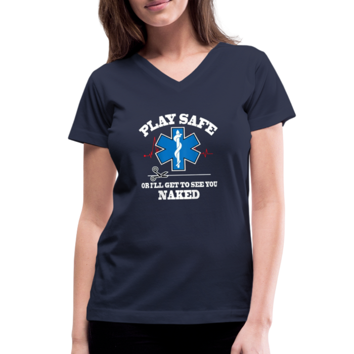 Women's V-Neck T-Shirt - Play Safe EMS - navy